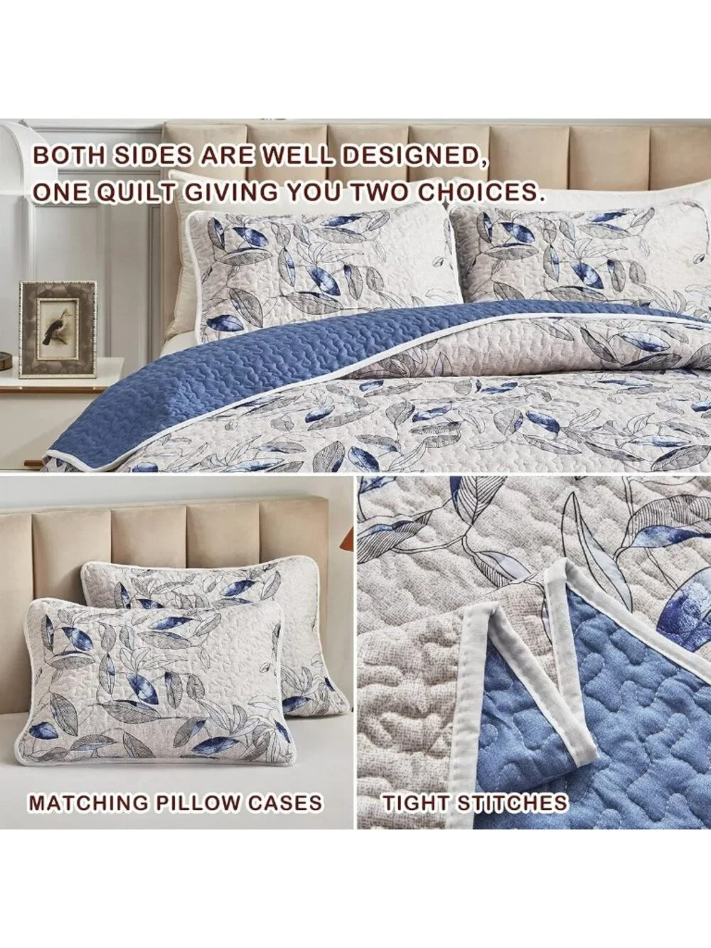 Botanical Blue Leaves Microfiber Quilt Set - Reversible Bedspread & Pillow